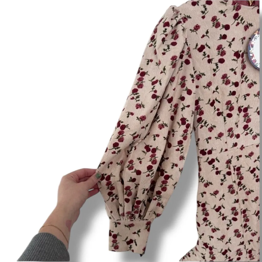 Celia B Alder White Corduroy Mini Floral Rose Ruffle Puff Sleeve Dress S - Image 4