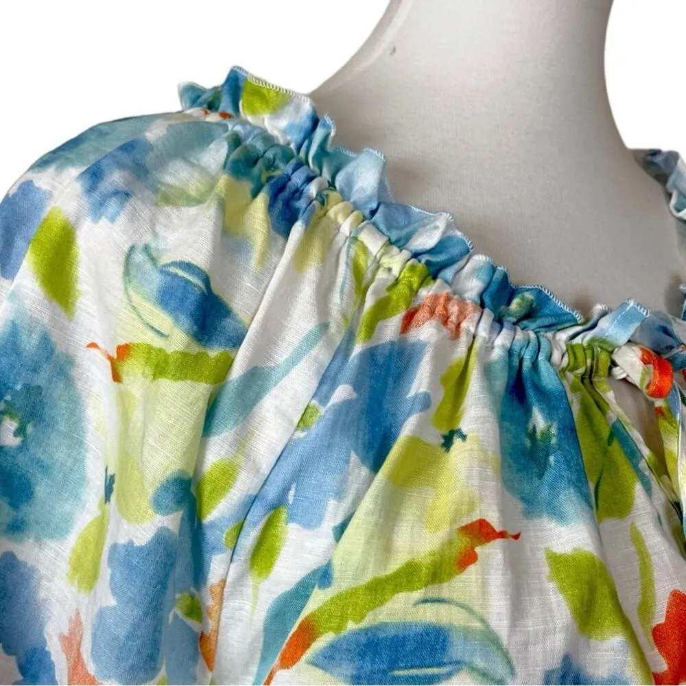 Hester & Orchard Top Linen Cotton Tie Neck White Multi Floral Women’s Size Small - Image 7