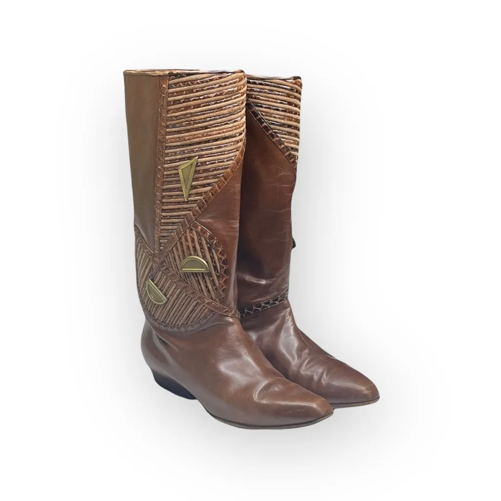 Vintage 70’s: Beltrami ☏ Snakeskin Inlay Boots ☏ Slouchy Cognac Leather ☏ 6.5M Brown Size 6.5 - Image 10