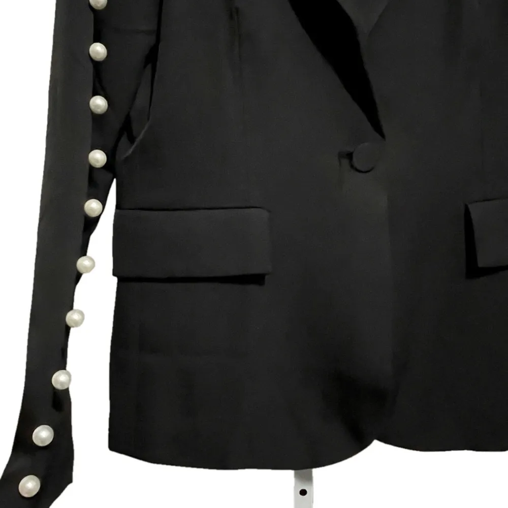 Why Dress Black Blazer Medium Pearl Embellished Edgy Studded Classic Elegant NWT - Image 8