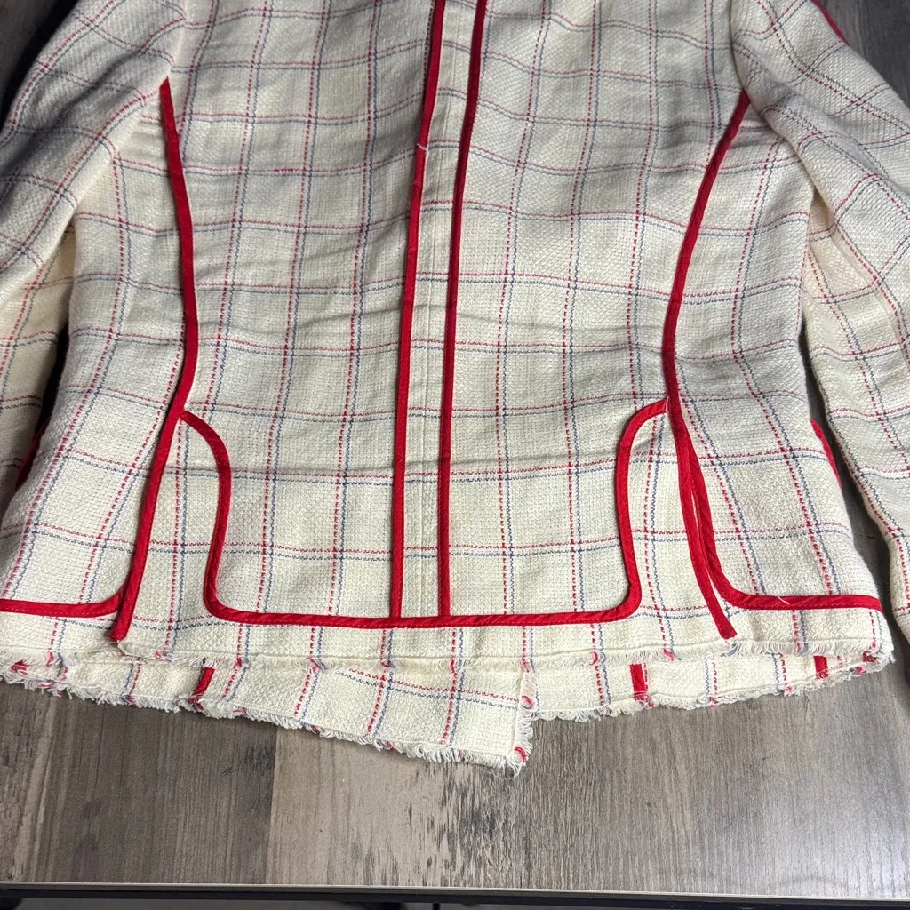Dolce & Gabanna Women's Cream and Red Plaid 100% Linen Blazer - Image 10