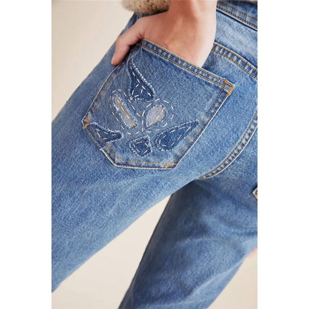 Anthro Pilcro Slim Boyfriend Embroidered Patchwork Floral Jeans Size 28 - Image 5