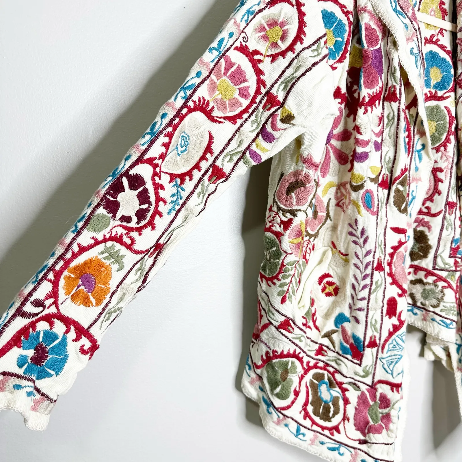 JOHNNY WAS Bayou Short Hoodie Cream with Bright Floral Embroidery Cotton Medium - Image 3