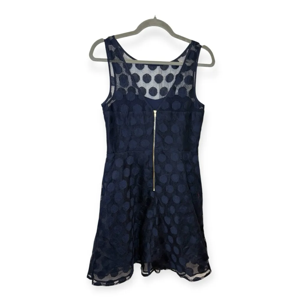 Betsey Johnson Navy Blue Polka Dot Mesh Overlay Party Cocktail Fit Flare Dress 8 - Image 2