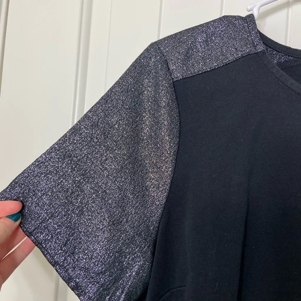 NWOT J. Crew women’s black‎ silver metallic sleeve zip up blouse top large - Image 2