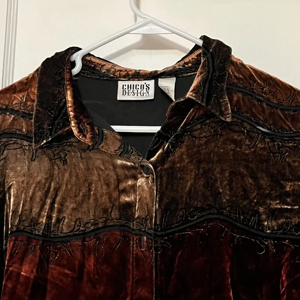 Chico's design silk rayon velvet button up blouse sheer detail size 2 = large - Image 5
