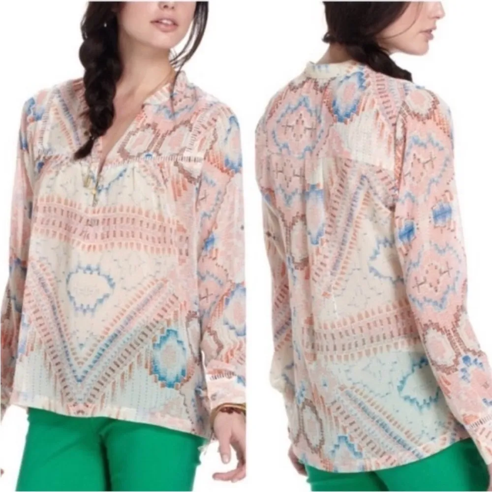 Dolan Popover Blouse Cream Geometric Red - Image 2