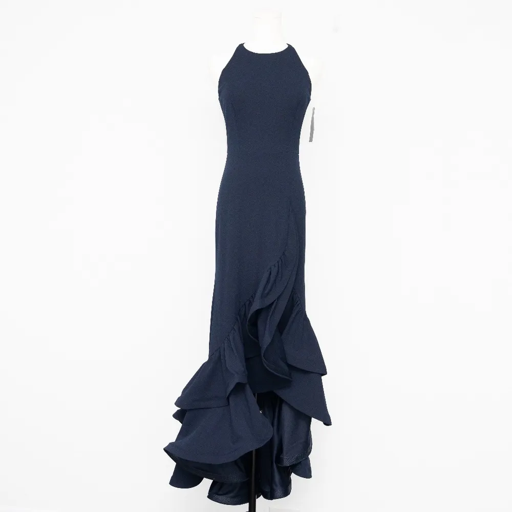 Betsy & Adam Arielle Scuba Crepe Ruffle Slit Gown Navy Size 2 - Image 2