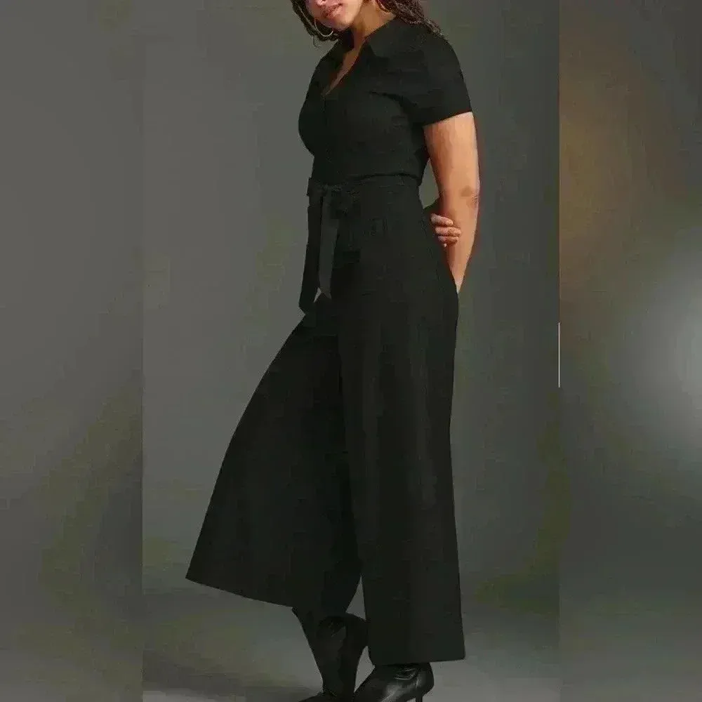 Maeve Anthropologie Black Colette Wrap Jumpsuit Wide Leg 2 Linen Blend $178 - Image 4