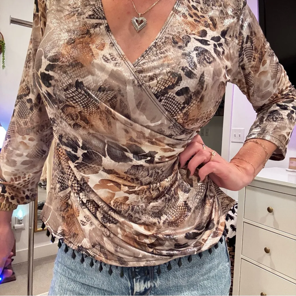 MSK Women's Animal Print Snake Skin Top with Beaded Trim Faux Wrap Front Size M Tan Size M - Image 3