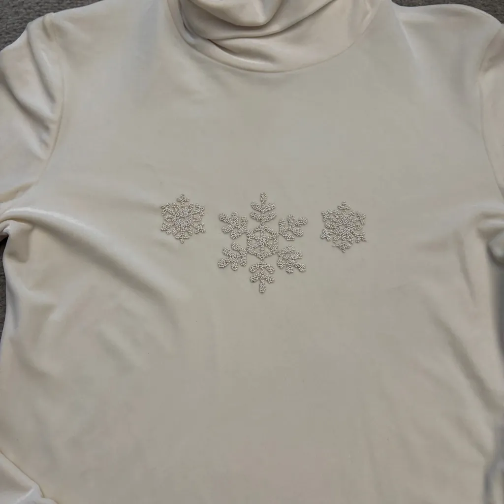 Sno Skins Cozy Velvet Snowflake Beaded Turtleneck Top Ivory - Image 2