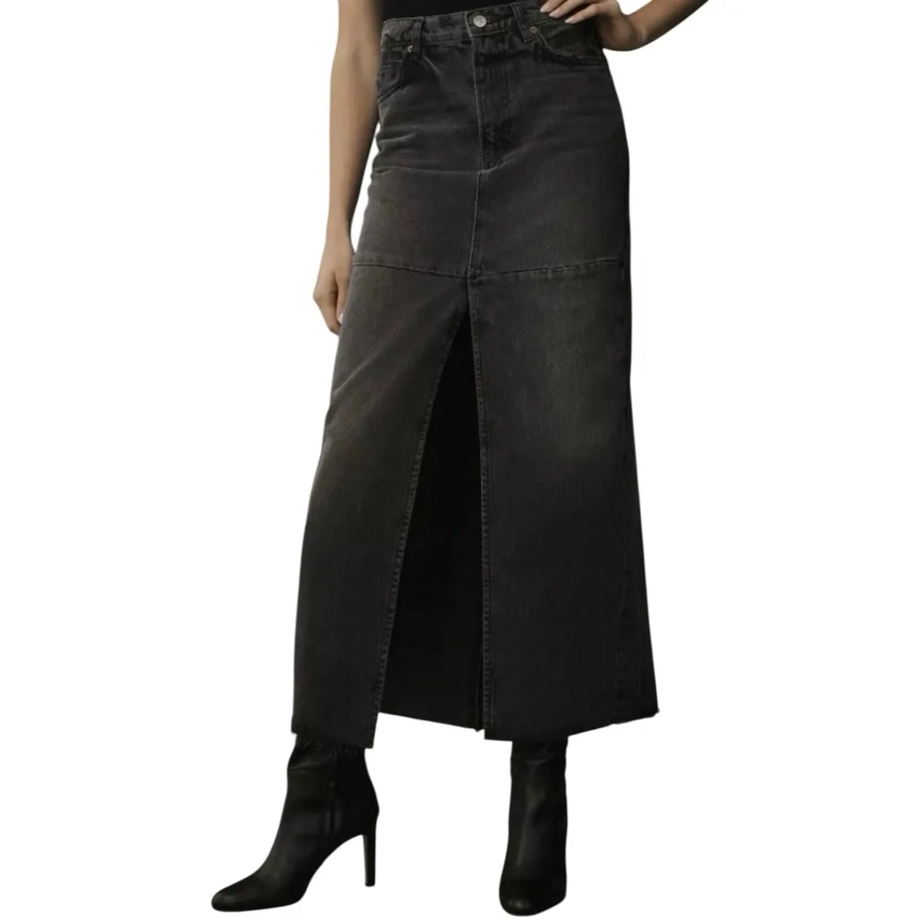 Reformation Tazz Maxi Gray‎ Black Denim Front Slit Skirt Liman Raw Hem Size 27 - Image 4
