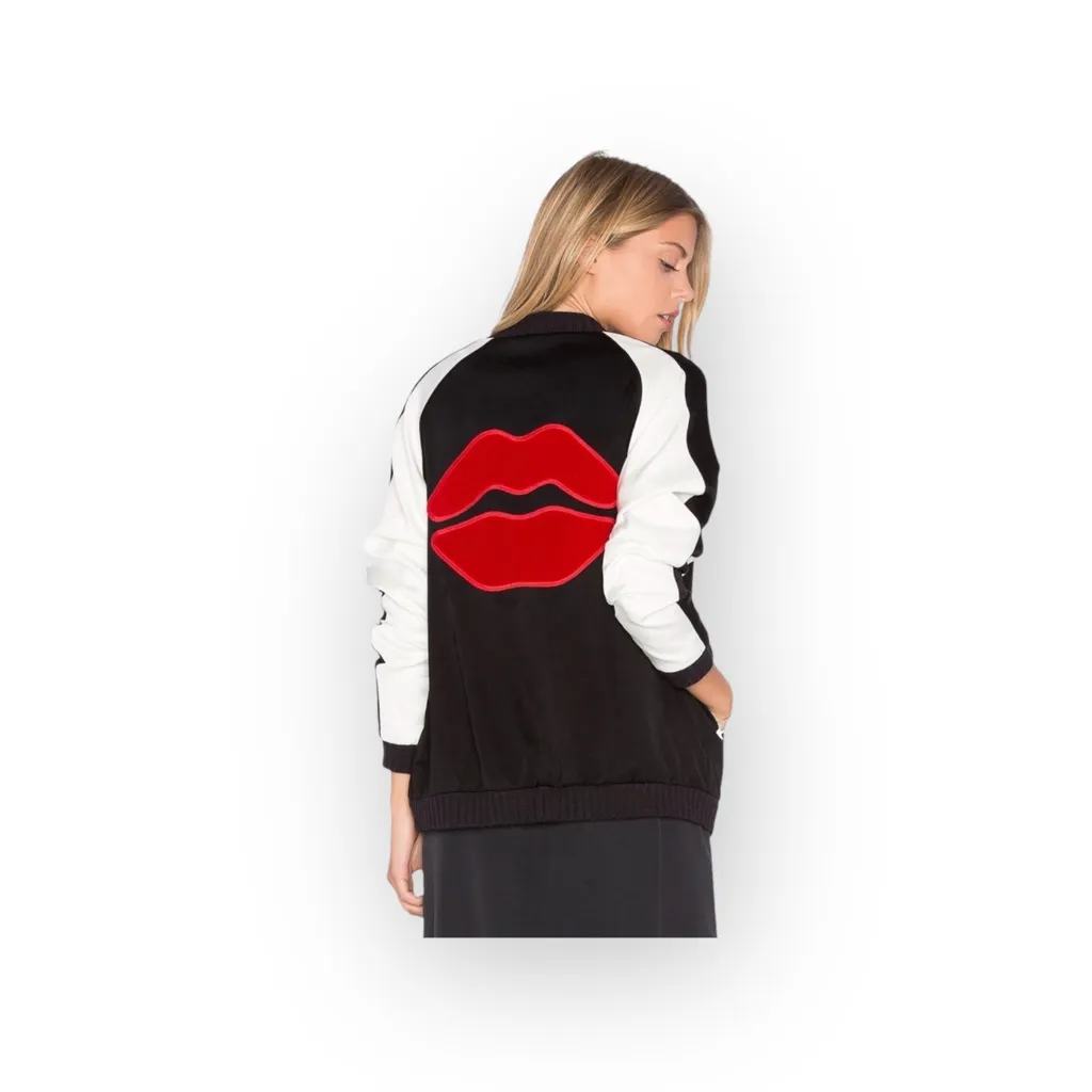 VHTF: Lauren Moshi ᨎ Haven Red Mouth Patch Silk Zip Bomber Jacket ᨎ B+W ᨎ Medium - Image 2