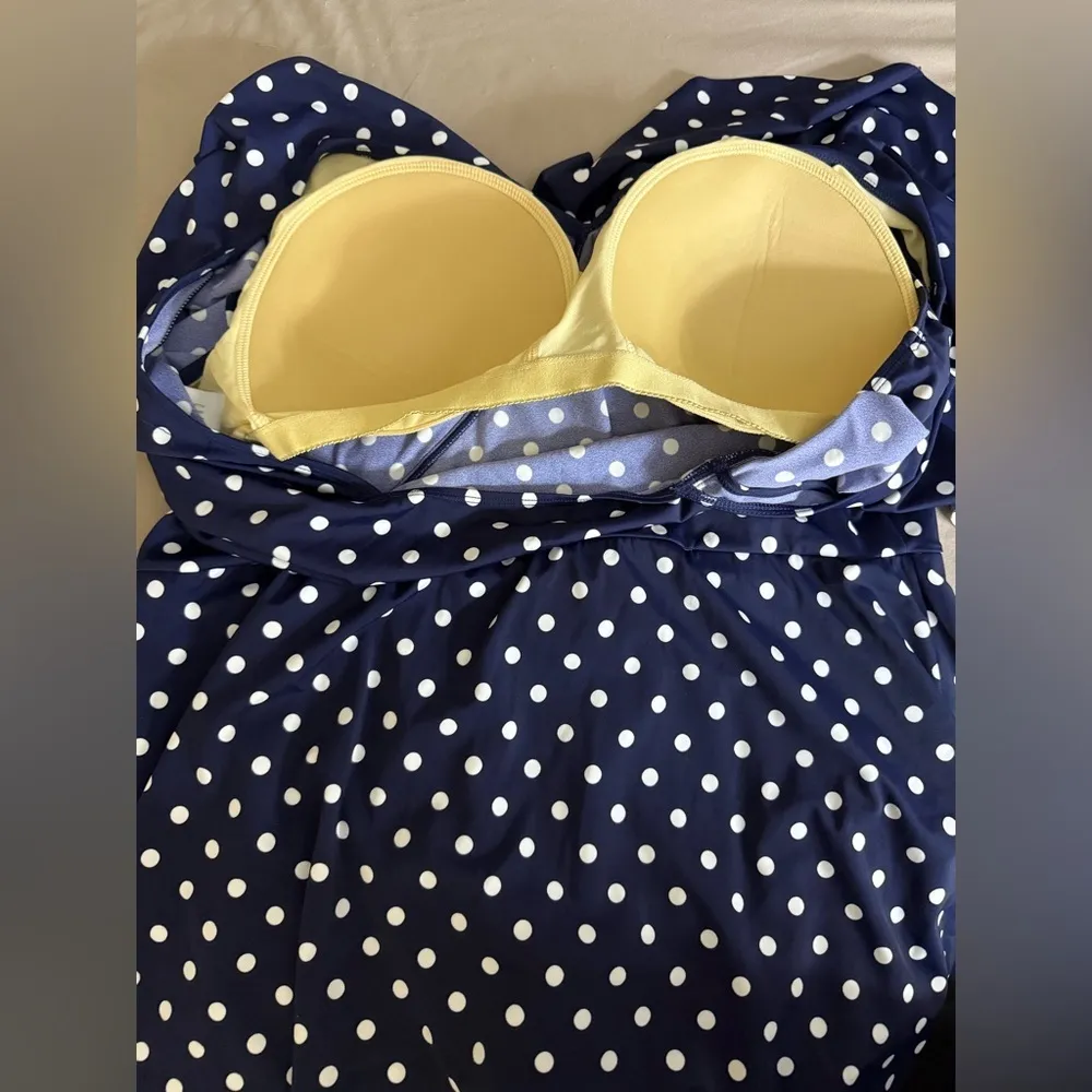 NWOT D & Co beach Surplice Flounce Sleeve Summer Swim Dress Navy Dot Size 22W Blue - Image 6