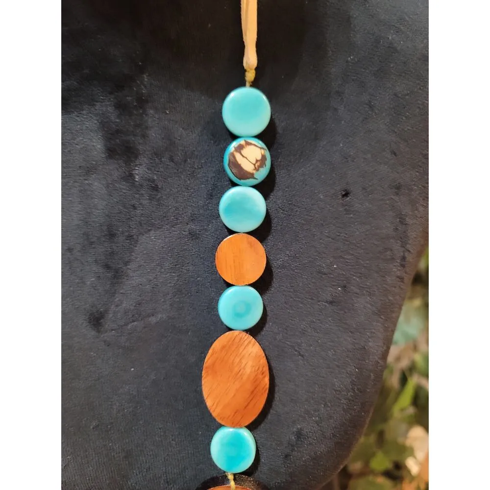 Women's Natural Wood And Turquoise Beaded Necklace With Adjustable Cord Tie Gold - Image 5
