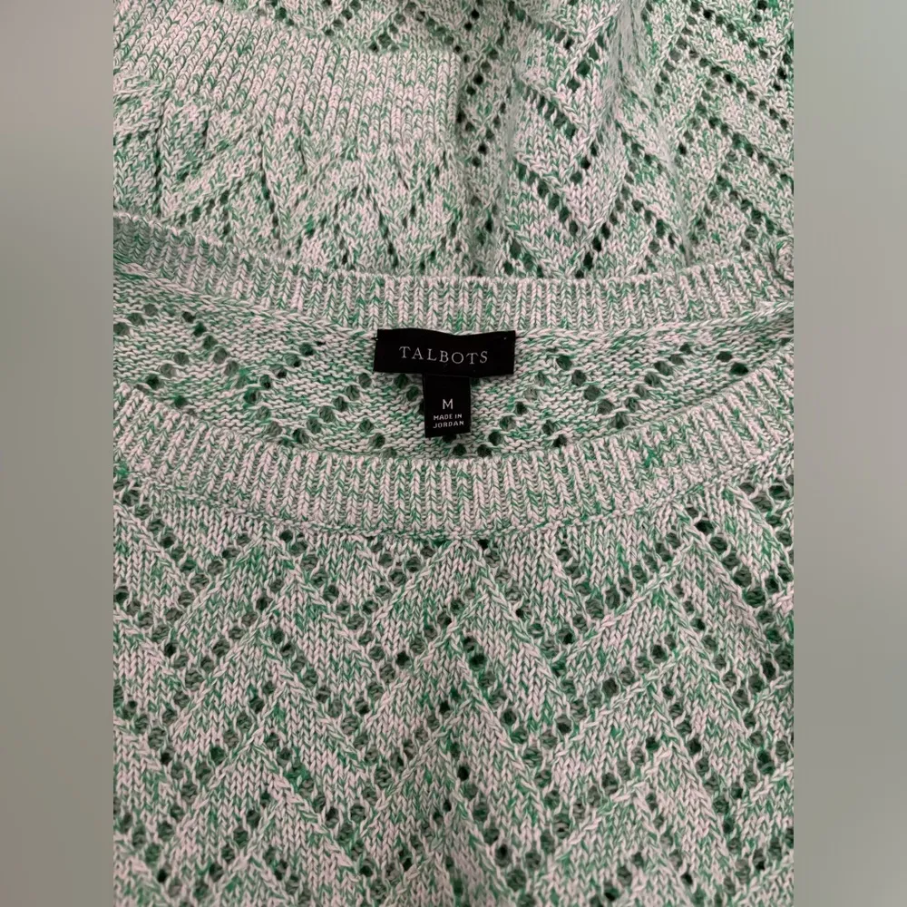 Talbots Linen Blend Pointelle Crewneck Sweater in Marled Green and White M - Image 9
