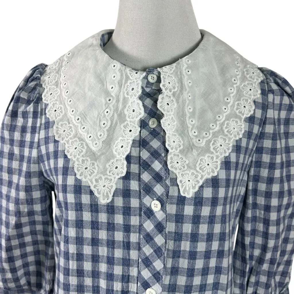 Vicky & Lucas Gingham Peter Pan Collar Doll Core Tiered Ruffle Mini Dress Small Blue - Image 5