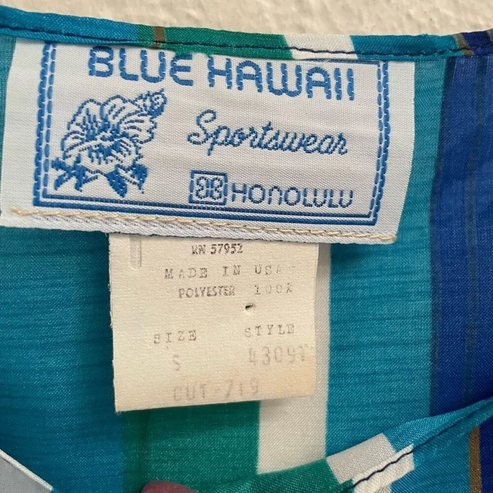 Vtg Blue Hawaii Blouse Womens S boxy bright multicolored side tie kimono sleeves Blue - Image 7