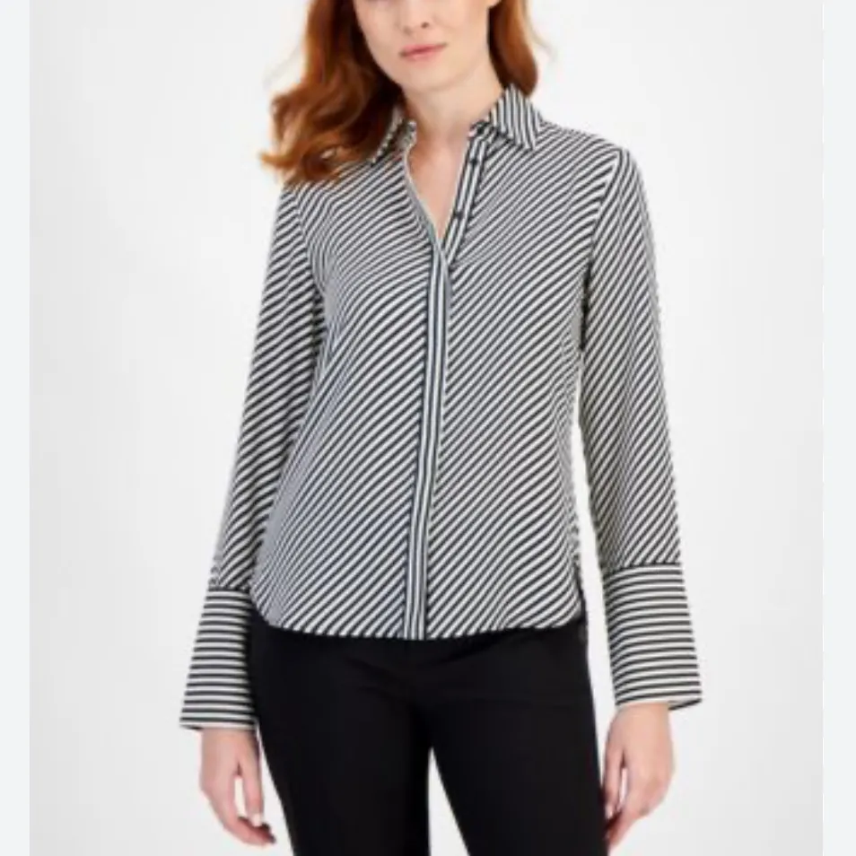 NWT Anne Klein Women's Black Striped Collared Button down Top Size L Career - Image 3