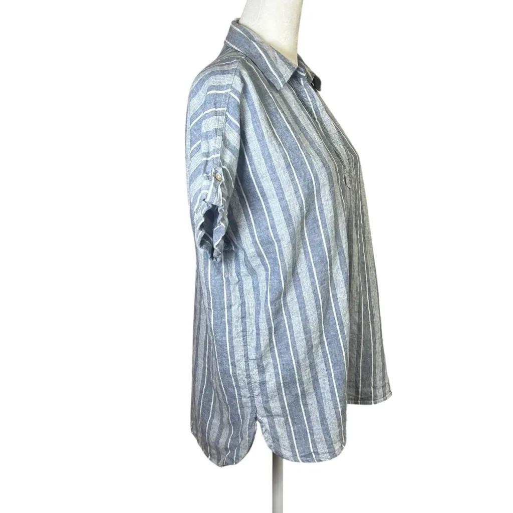 Sigrid Olsen Linen Cotton Blue Striped Popover Short Sleeve Top Sz Small Boho - Image 8