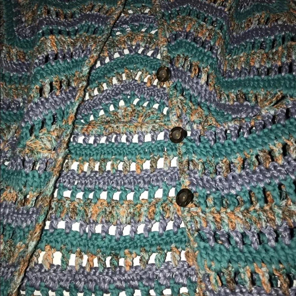 J. Jill hand crochet M 3 button sweater. Multi color foldable collar. Green Size M - Image 3