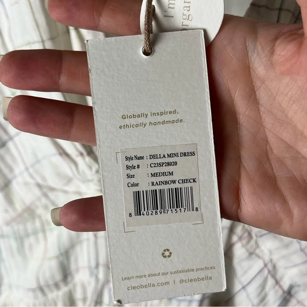 Cleobella Della Puff Sleeve Cotton Rainbow Check Print Mini Dress M - Image 8