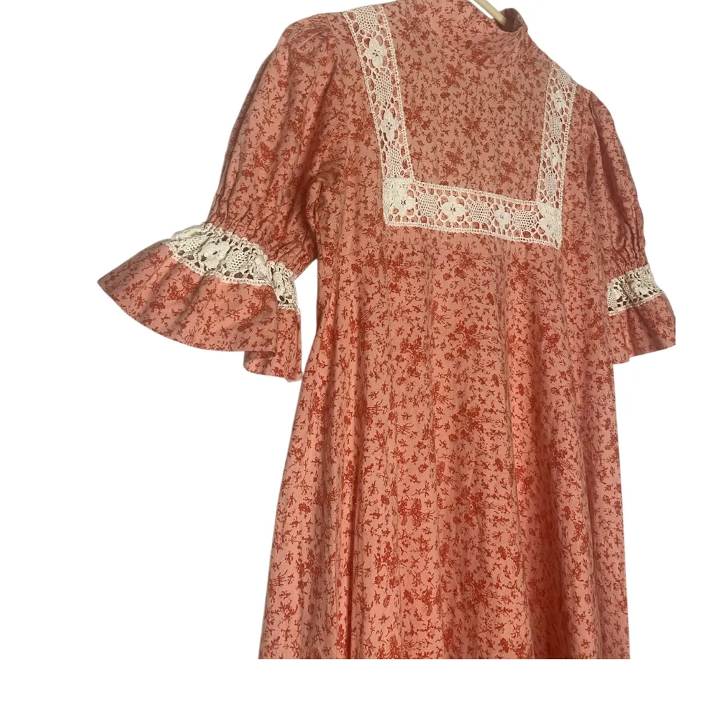 RARE Early 1970s Laura Ashley Maxi Dress |PEACH Floral Lace Yoke High Neck US 12 - Image 3