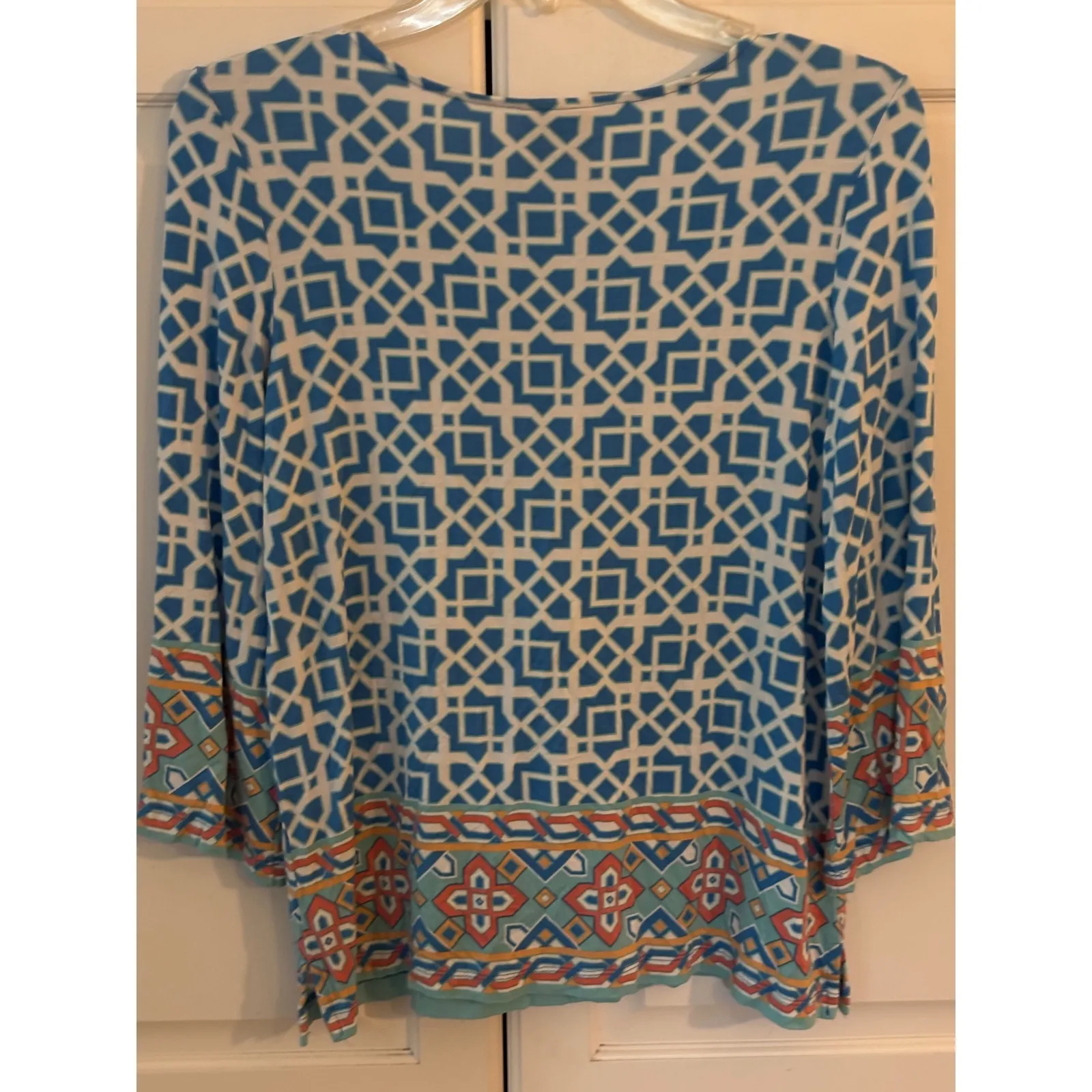 Ruby Rd Petite Geometric Print Bell Sleeve Tunic Top Blue White Orange Aqua PS Size undefined - Image 5