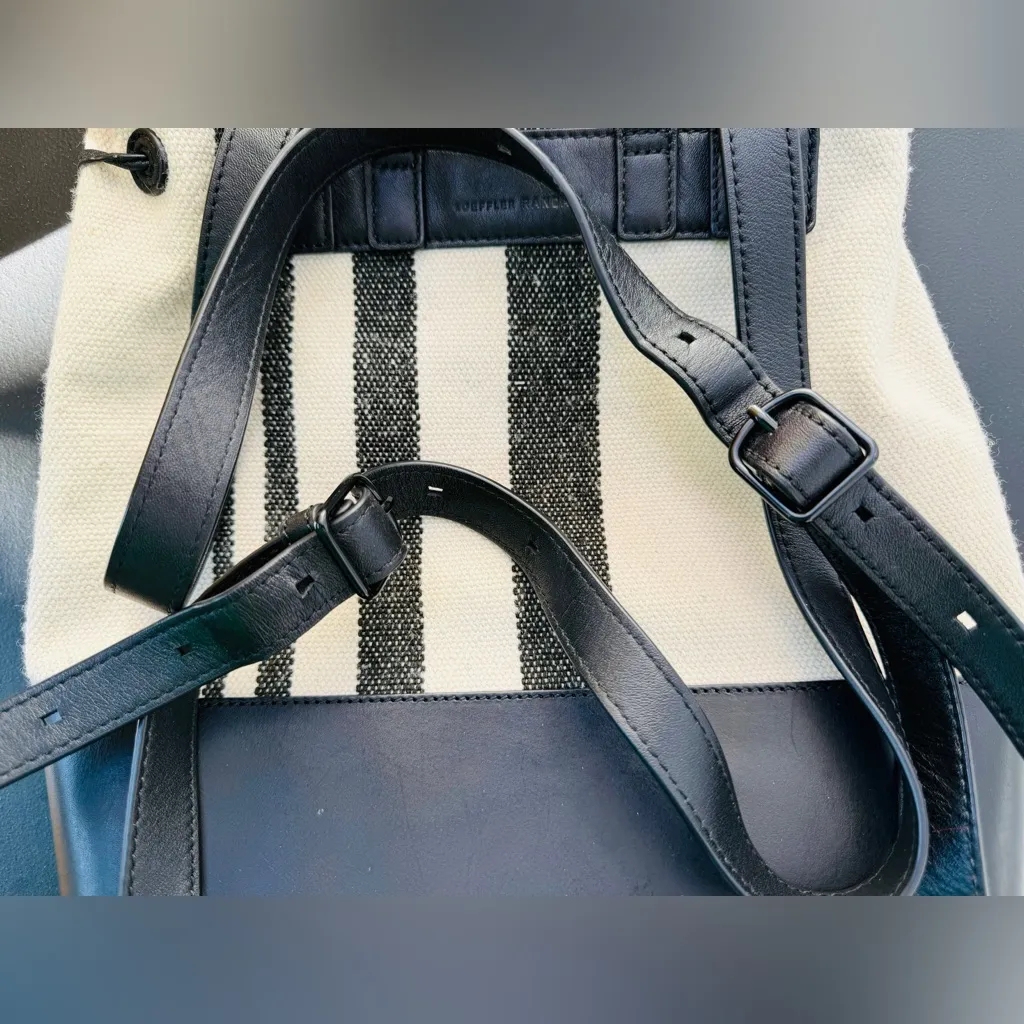 Loeffler Randall black and cream striped canvas and leather bucket bag backpack - Image 3