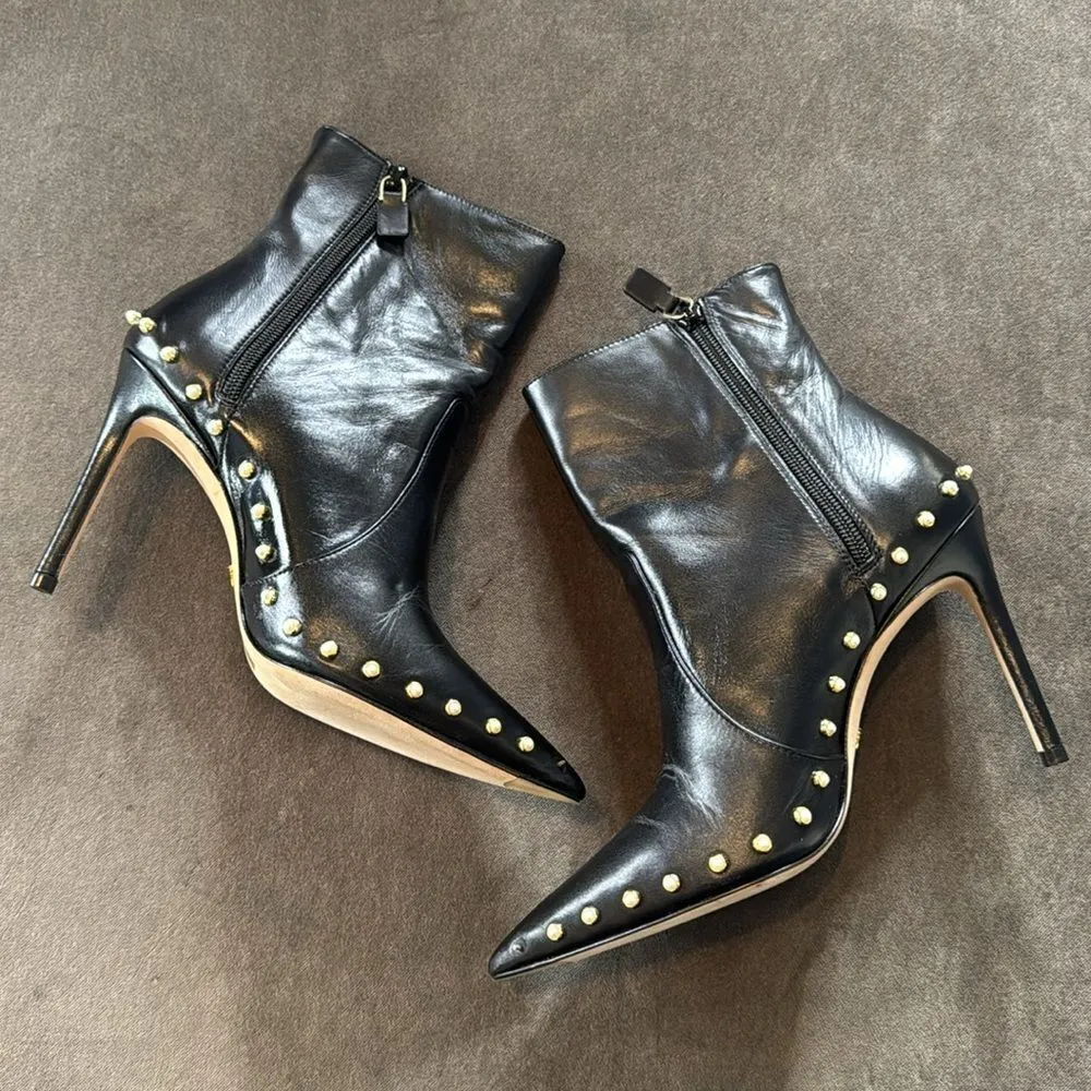 Stuart Weitzman Faux Pearl Studded Calf Leather Black Ankle Boots Zip 7.5B *READ - Image 10