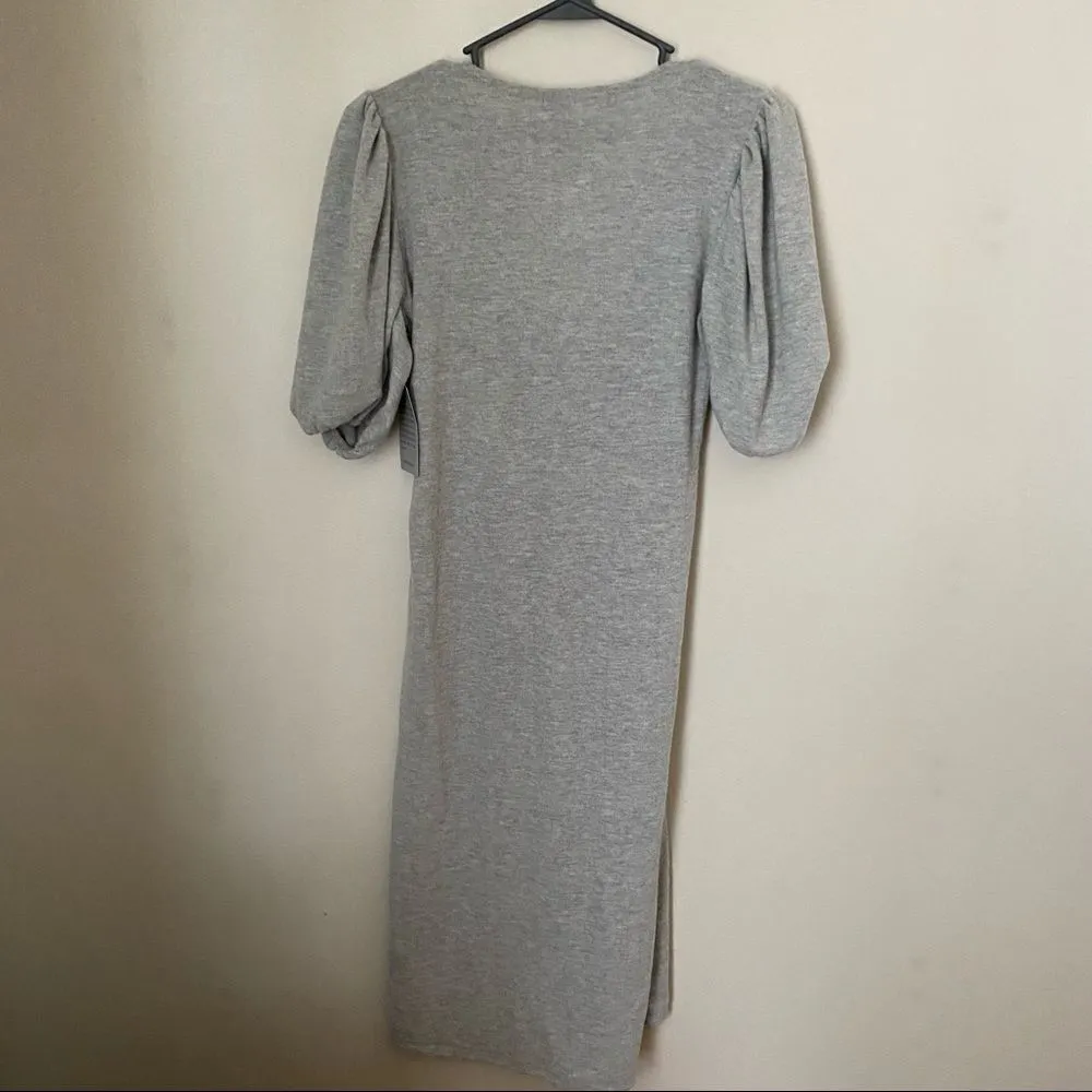 Velvet Torch Dress Heather Grey Midi Tie Front Puff Sleeves Soft Casual Neutral - Image 5