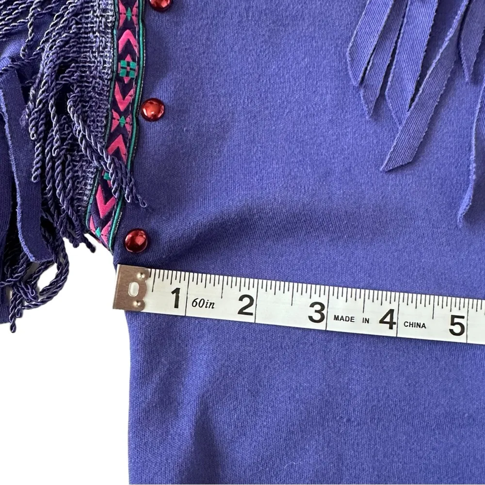 Vintage 80s Purple Fringe Western Southwestern Shoulder Pads Sweater Medium - Image 6