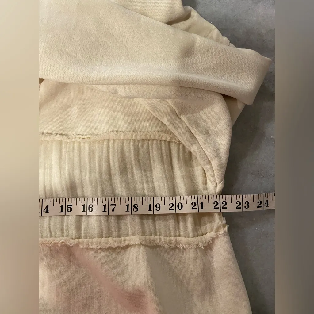 Free People  Size L Cream Oversized Hoodie Boho Mixed Fabric Raw Hem Pullover - Image 6