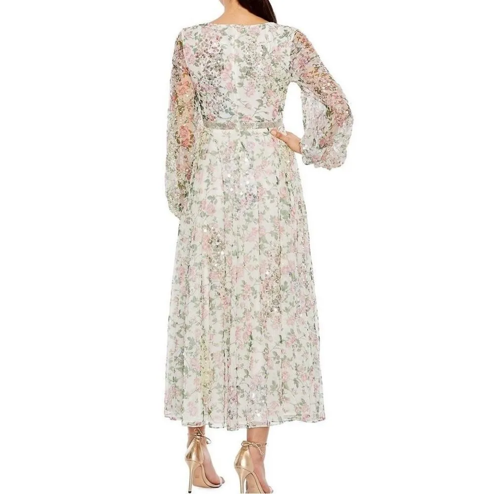 Mac Duggal 93788 Floral Beaded Sequin Midi Dress White Multi Size 16 - Image 3