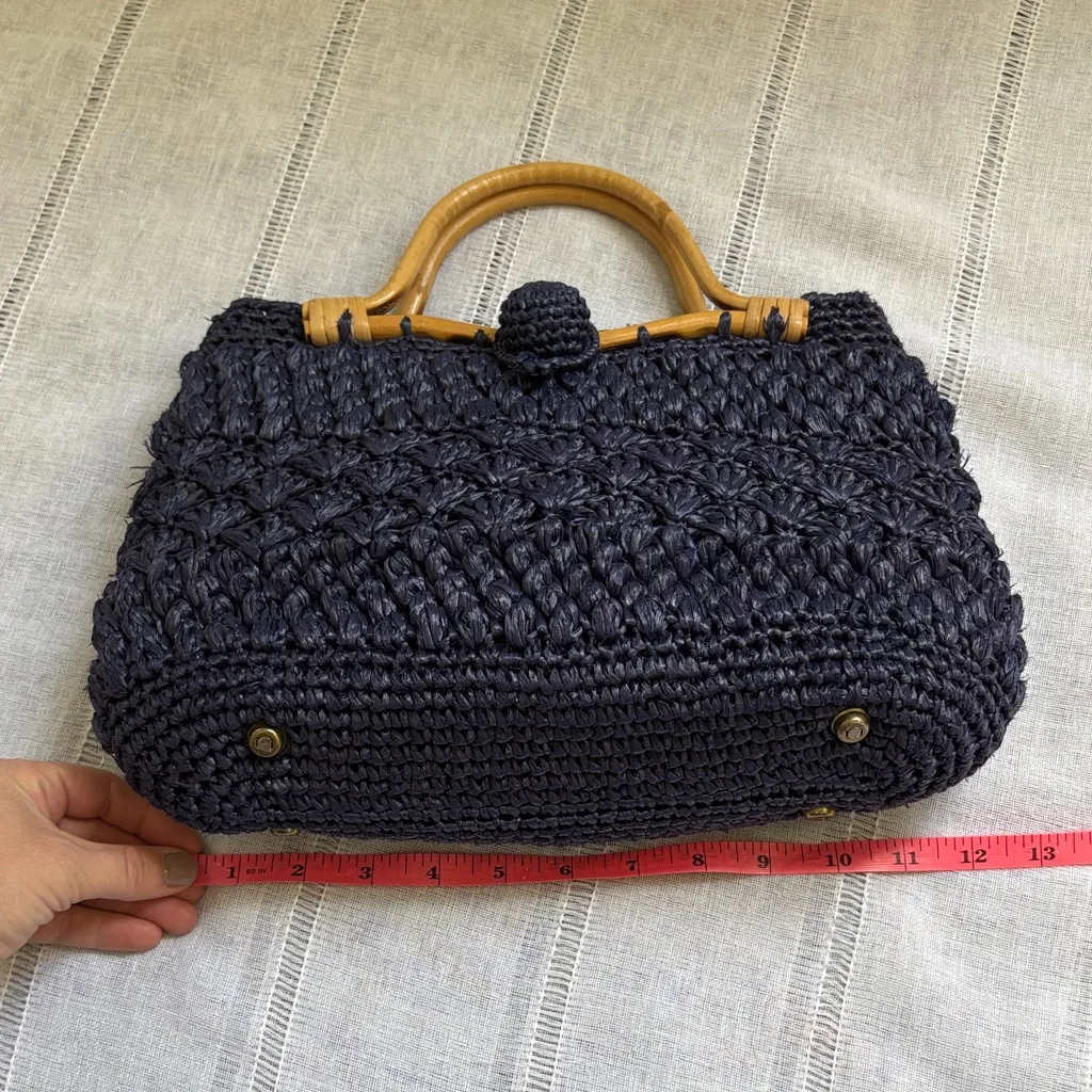 Walborg Dark Blue Raffia Bag with Bamboo Handles - Image 5