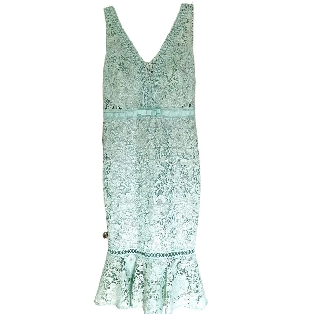 Lipsy London Aqua Blue Lace Sleeveless V Neck Fitted Midi Dress Size 6 - Image 3