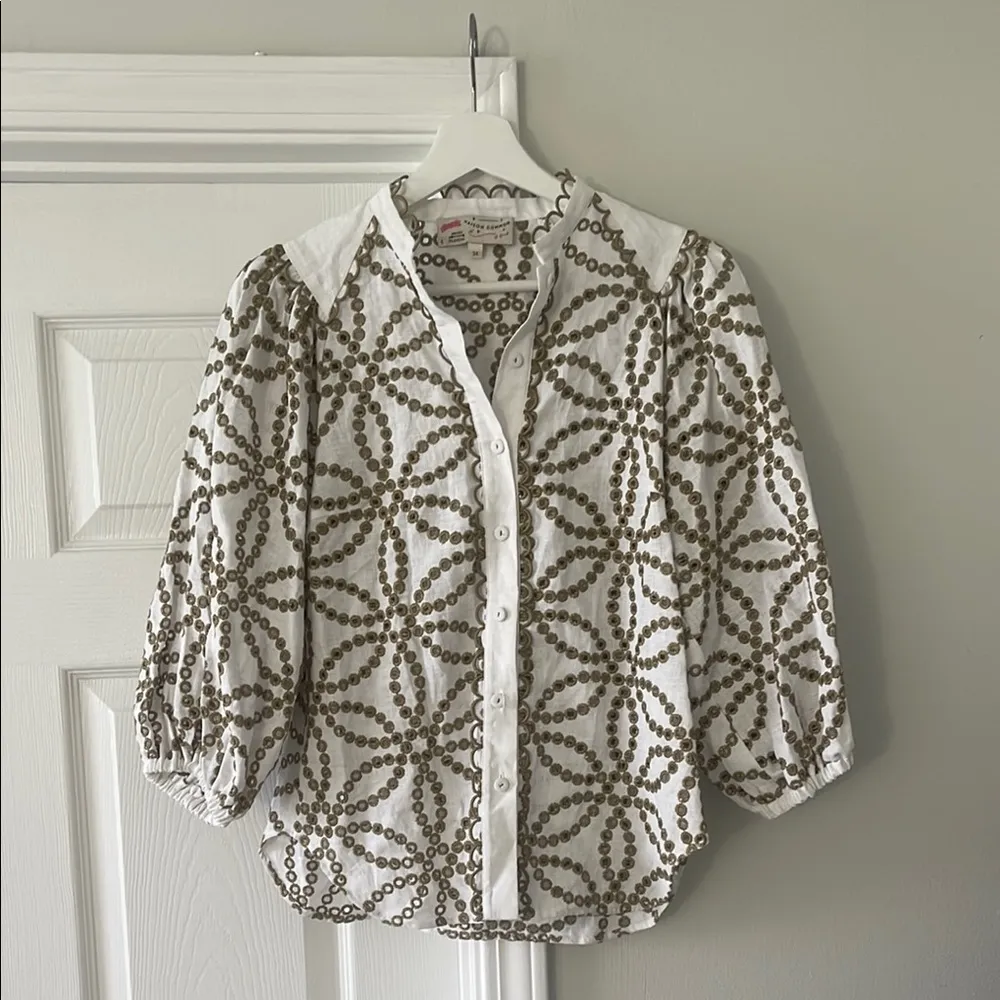 NEW Maison Common Eyelet Embroidered Linen Puff Sleeve Blouse White Size XS - Image 2