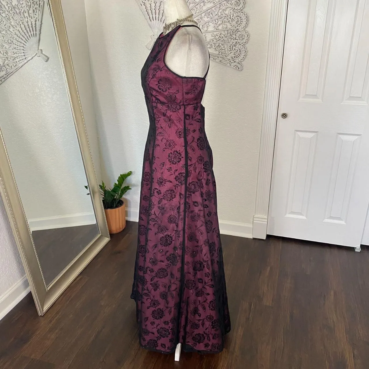 Early 2000's Whimsygoth Black Pink Purple Mesh Rose Crushed Velvet Prom Dress S - Image 6