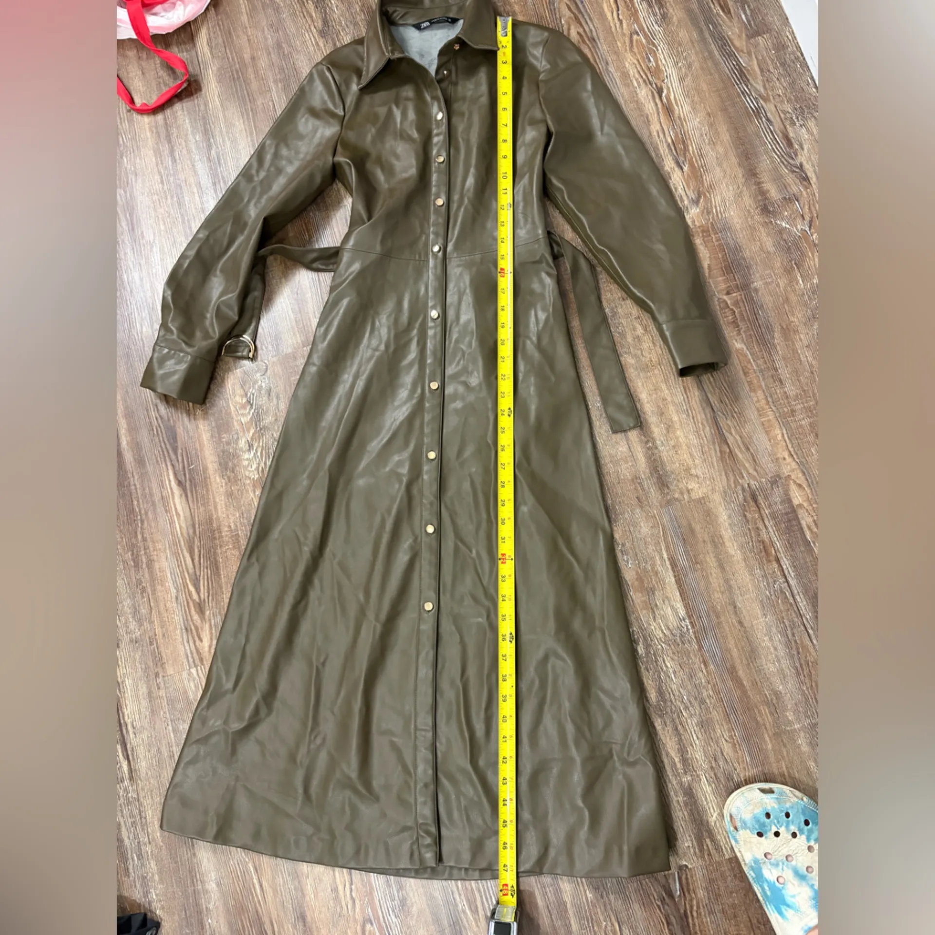 Zara Belted Faux Leather Midi Olive Green Trench Shirt Dress Size XS Utility - Image 6