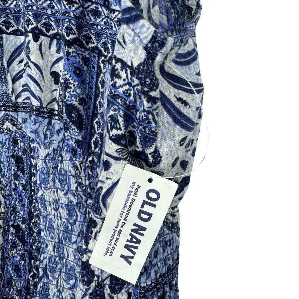 Old Navy XXL Waist Defined Smocked V-Neck Top Blue Patchwork Dolman Sleeves NWT - Image 7