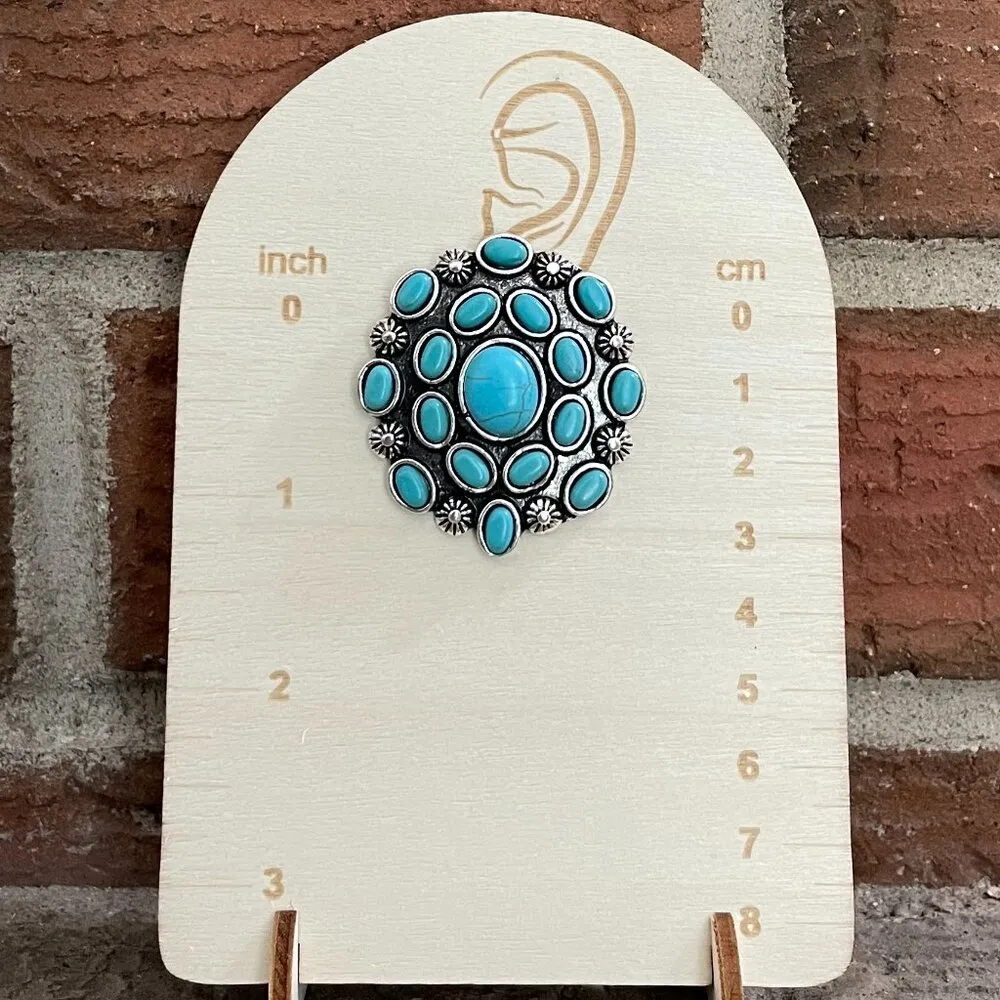 Faux Turquoise and Silver Sunburst Cluster Earrings Blue - Image 2