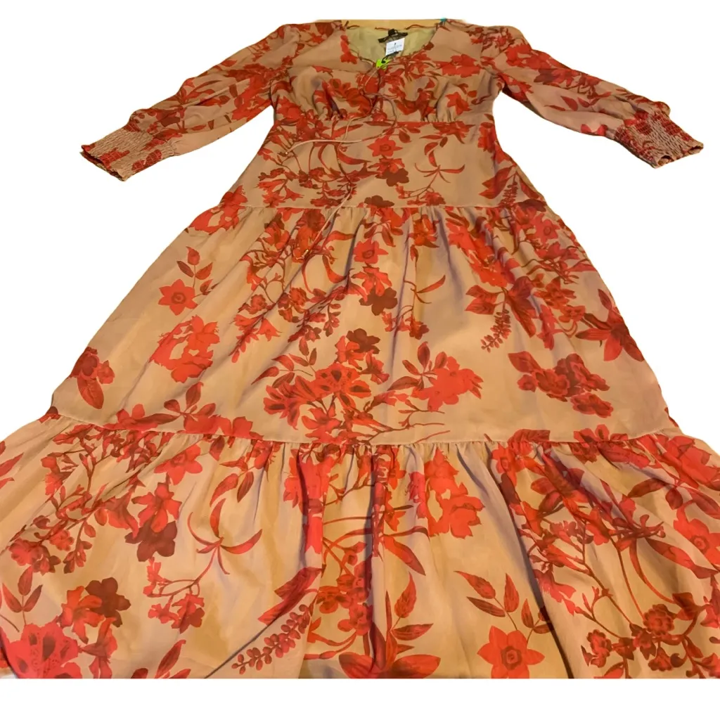 SAM EDELMAN RED & TAN FLORAL PRINT CHIFFON MAXI DRESS NWT (6) - Image 10