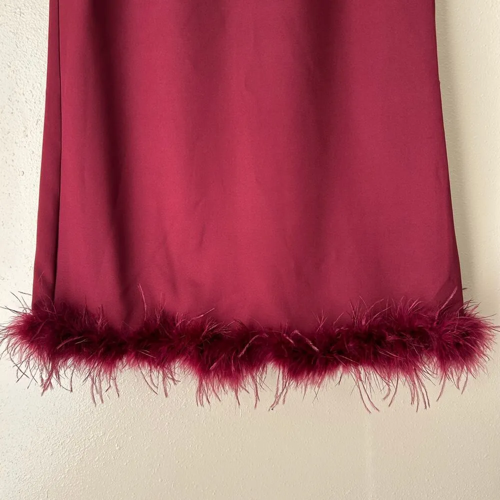 Gilli Burgundy Feather Trim Shift Dress Size Medium Red - Image 7