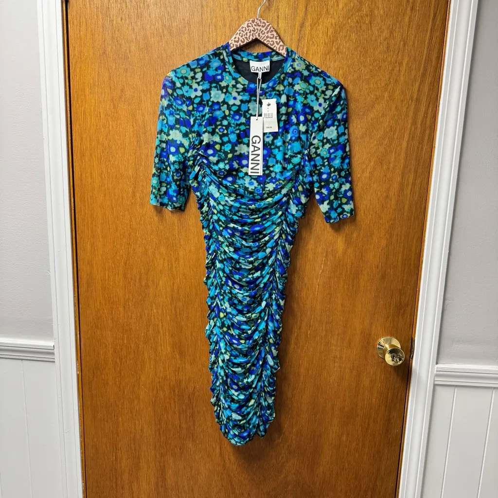 NEW Ganni Floral Print Mesh Short Sleeve Mini Dress Ruched Azure Blue EU 38 $250 - Image 13