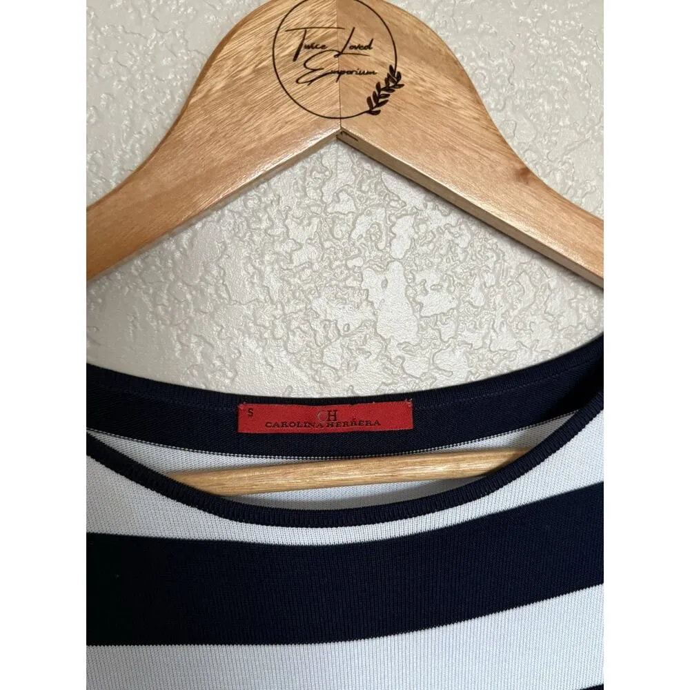 CH Carolina Herrera Striped Stretch Knit Fit And Flare Dress Small Navy White - Image 2