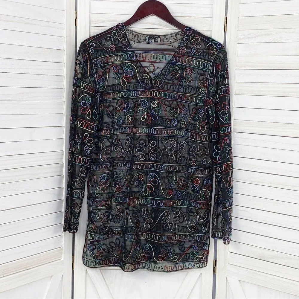 Jeannie‎ Rainbow Embroidered Sheer Button Front Cardigan Shirt Black Medium Black - Image 11