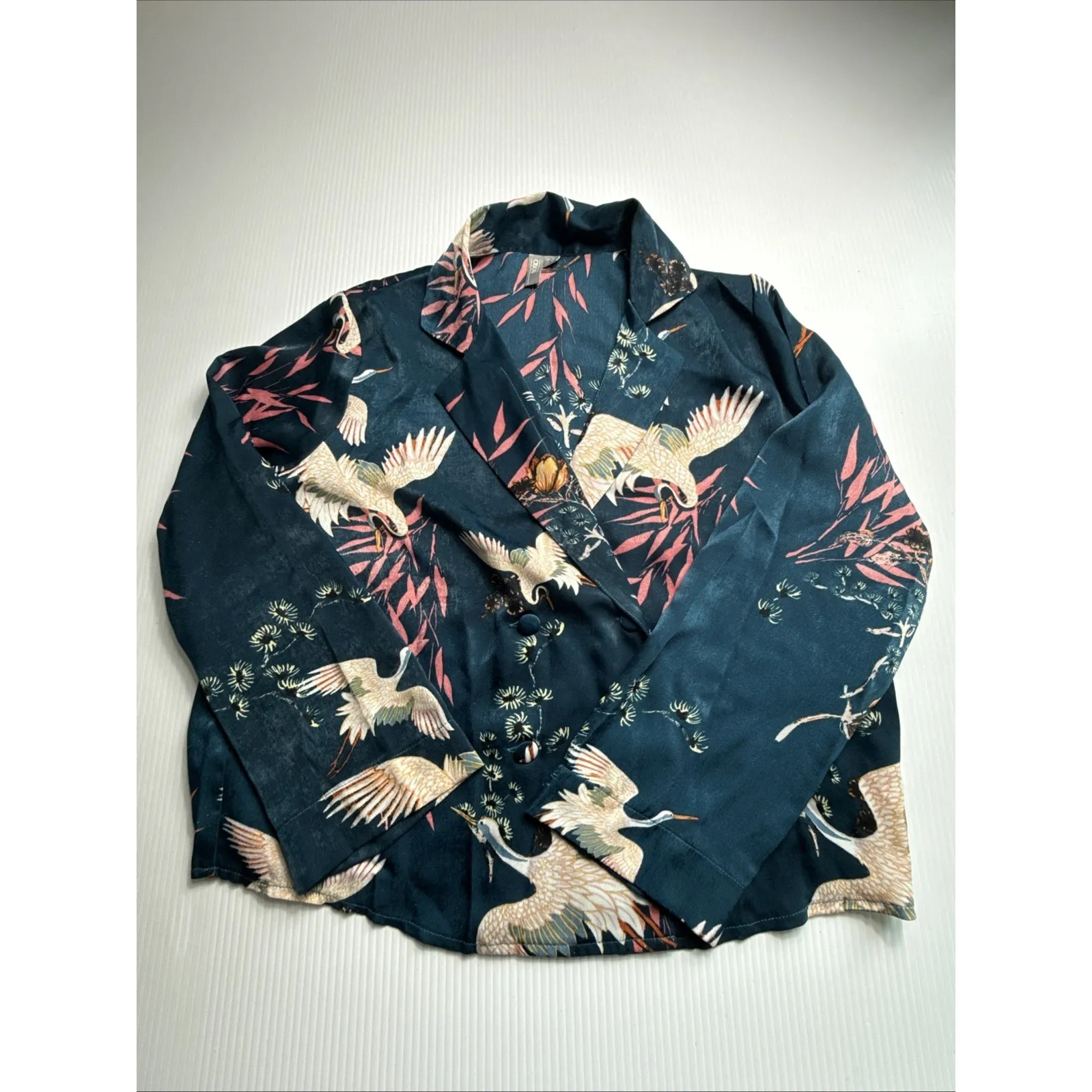 ASOS Navy Crane Print Boho Resortwear Top Blouse  3/4 Sleeves Size 8 - Image 5