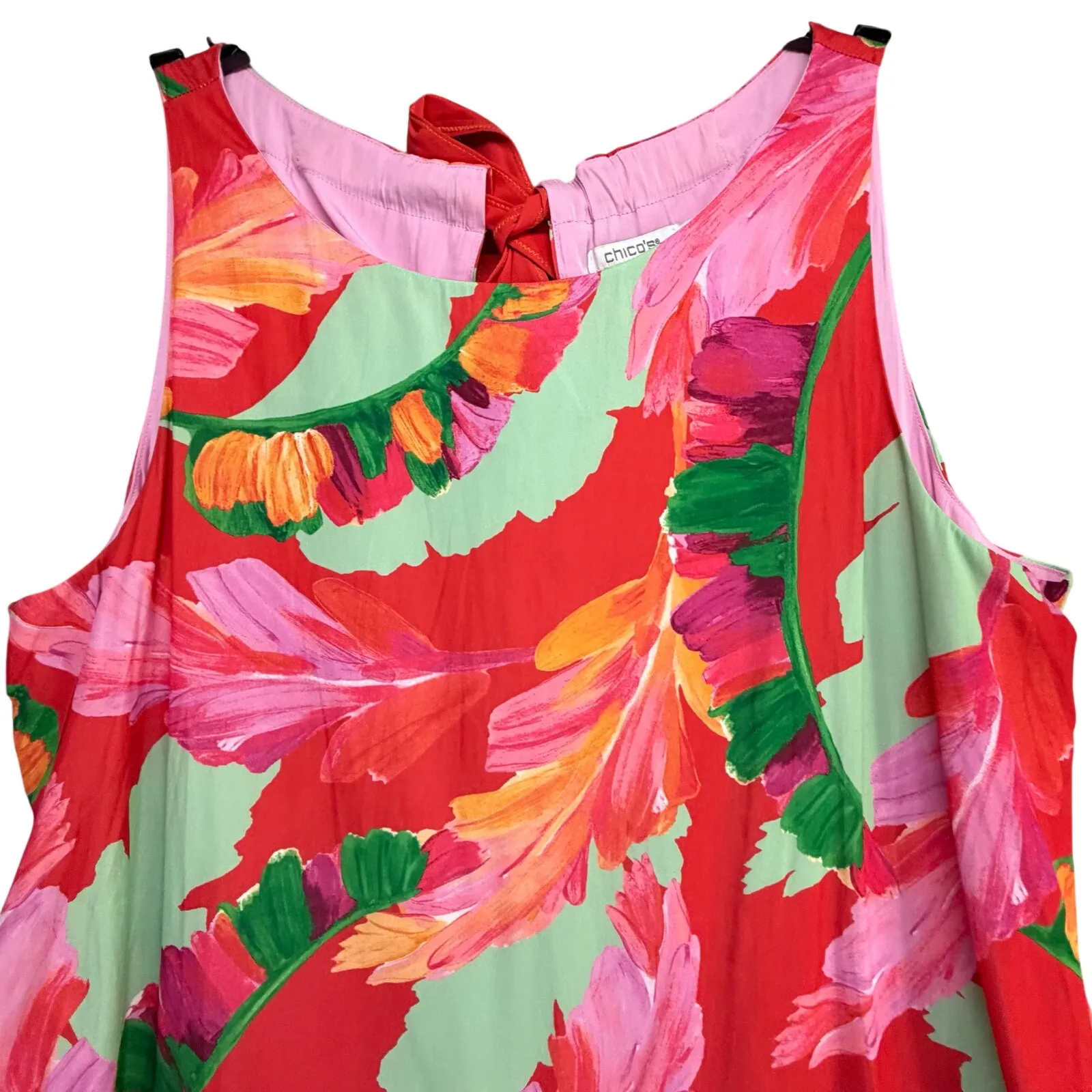 Chicos Trapeze Dress Womens 16 Multicolor Floral Foliage Print Tie Back Tropical - Image 4