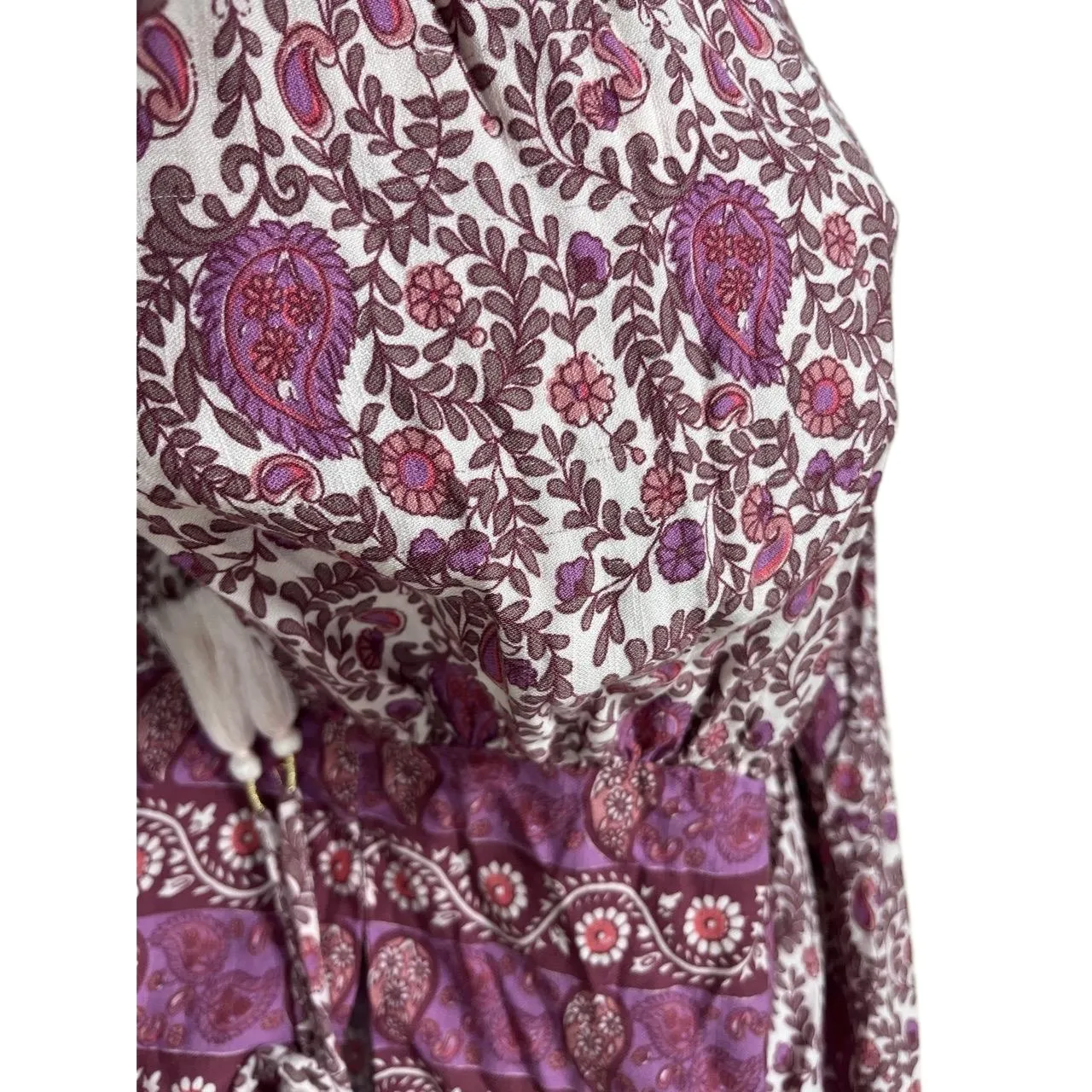 Lucky Brand Purple White Floral Long Sleeve Tie Tassel Bohemian Blouse Medium‎ - Image 5