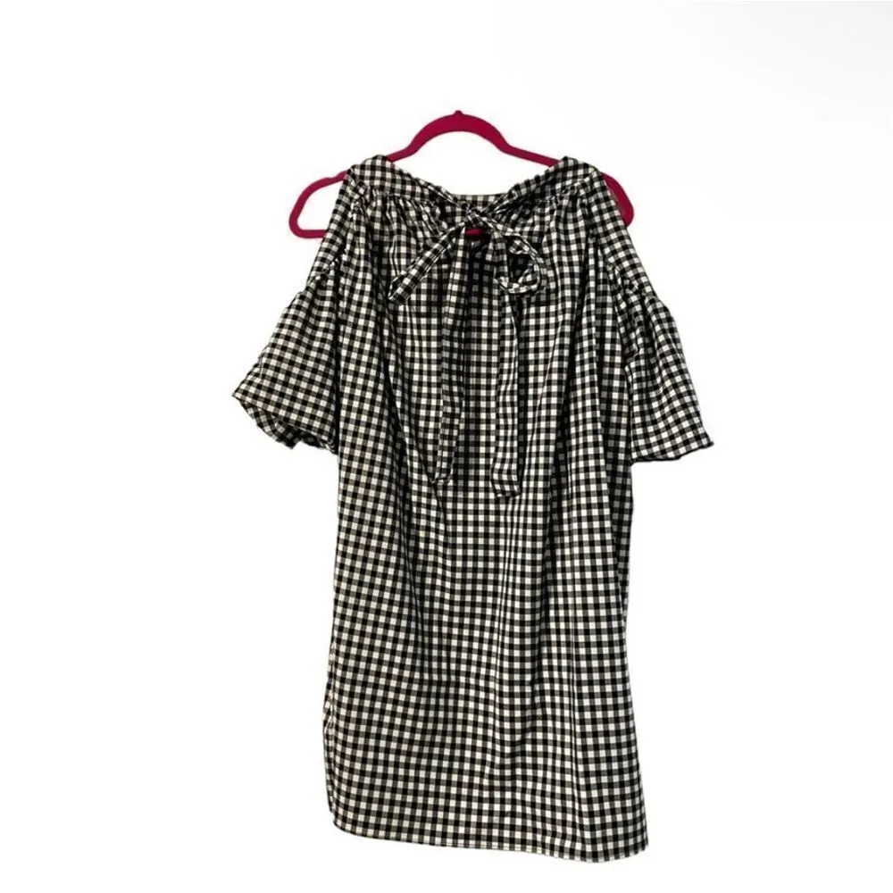 Zara black/white Gingham dress, cold shoulder with puffed short sleeves, tie bac - Image 4